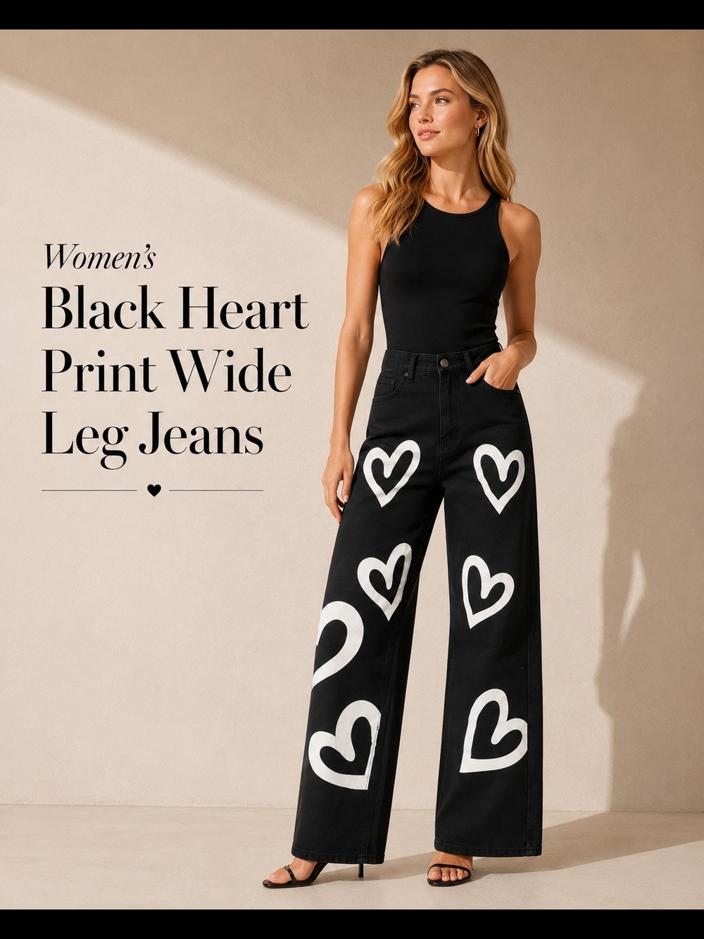 Shein Black Heart Print Wide Leg Jeans - Women's